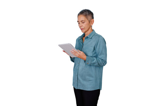 Mature senior woman using digital tablet, engaging with technology, transparent background for easy integration
