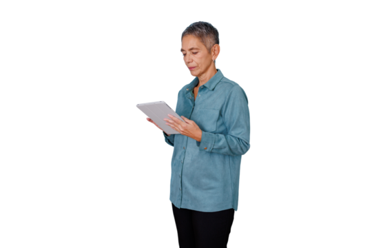 Mature senior woman using digital tablet, engaging with technology, transparent background for easy integration