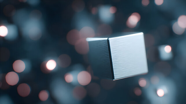 Floating abstract metallic cube on a dark background with orange bokeh effect. Digital data, technology, or science concept. - Powered by Adobe