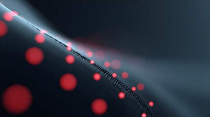 Abstract dark blue background with illuminated red particles and a central light beam. Digital data stream visualization for科技 concepts and science.