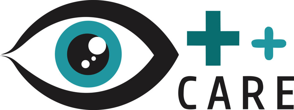 Eye care logo with cross symbol and text care