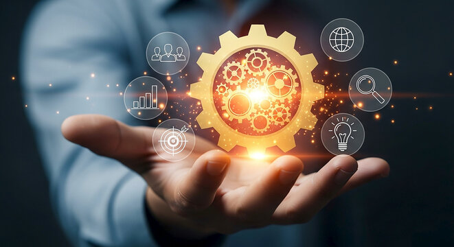 Hand holding golden gear with business icons floating above it in a conceptual illustration