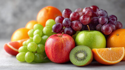 A collection of colorful and fresh fruits, including grapes, apples, oranges, and kiwi, are artfully arranged against a neutral background, conveying a sense of vitality