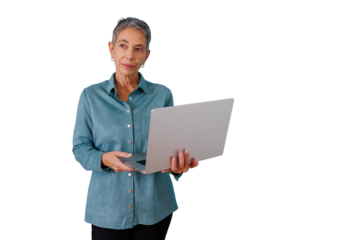 Mature woman standing with laptop thinking, embracing technology and innovation on transparent background