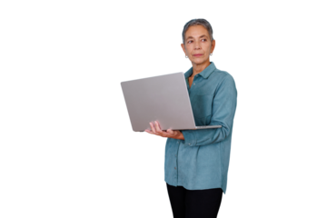 Senior woman holding laptop, working with technology, standing on transparent background, thinking about future business