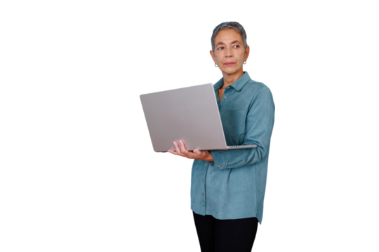Senior woman holding laptop, working with technology, standing on transparent background, thinking about future business