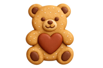 Teddy bear cookie holding heart on transparent background