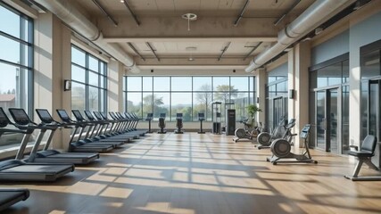 An aesthetically pleasing gymnasium, showcasing fitness equipment and abundant natural lighting. 4k video