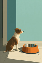 Brown and white dog sitting beside an empty orange bowl in warm indoor light against a pale teal wall
