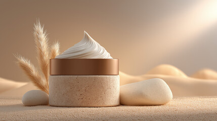 A jar of cream sits among sand, stones, and pampas grass. The light is gentle, creating a calm and luxurious mood perfect for showcasing skincare or wellness products