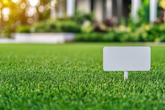 Empty white signpost on a lush green lawn with a blurred background of a building and trees