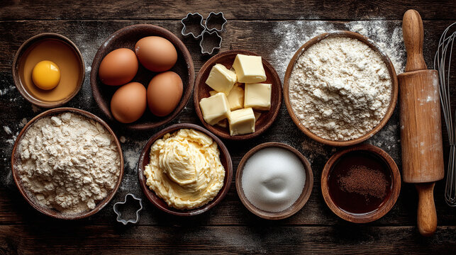 Flour, eggs, butter, sugar, and baking tools are laid out neatly in wooden bowls on a dark, rustic wooden surface. The scene exudes warmth and a homemade feel, ready for baking