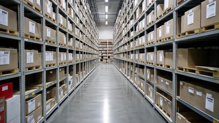 Expansive warehouse aisles with stacked boxes in symmetrical layout for ecommerce and logistics