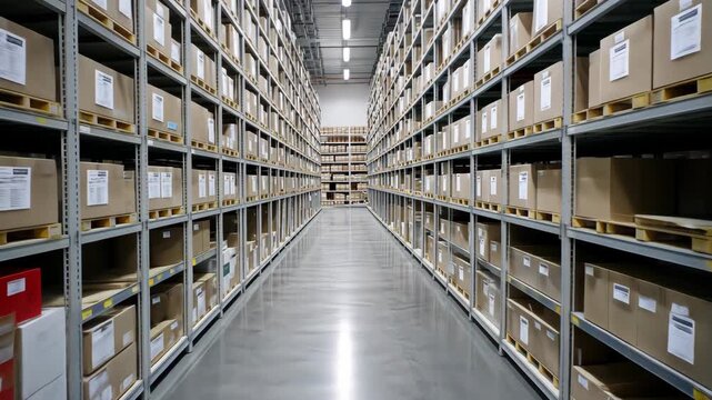 Expansive warehouse aisles with stacked boxes in symmetrical layout for ecommerce and logistics