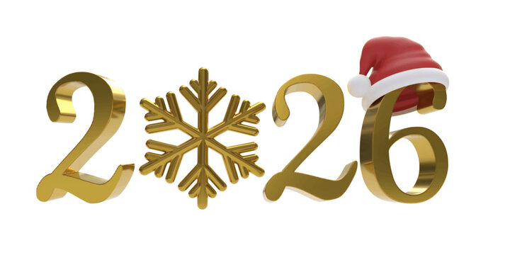 Elegant 3d vector New Year 2026 in shiny golden typography. Zero is replaced by a detailed gold snowflake, the final number is decorated with a red Santa hat. Luxurious, festive, isolated.