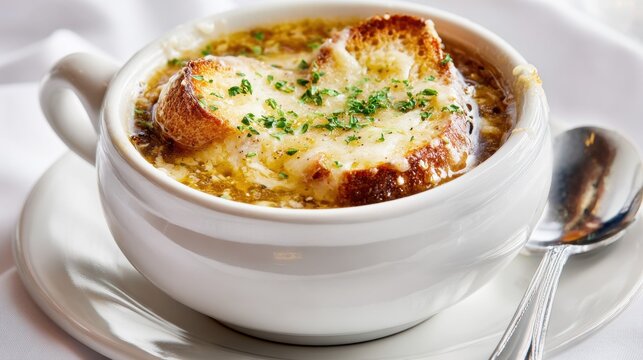 Delicious French onion soup with melted cheese