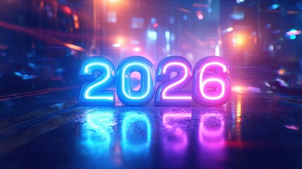 Glowing 2026 numbers reflecting on wet futuristic city street
