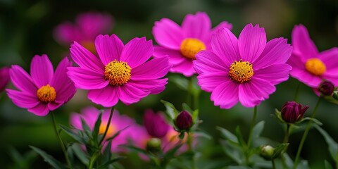 Obraz premium Vibrant pink cosmos flowers with yellow centers bloom in a garden against a dark green blurred background