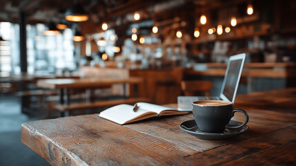 In a cozy cafe, a cup of coffee sits next to an open laptop and notebook on a rustic wooden table. The warm lighting creates a relaxed and inviting atmosphere