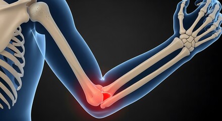 Human Arm Skeleton with Painful Elbow Joint Highlighted in Red, Medical Anatomy Illustration