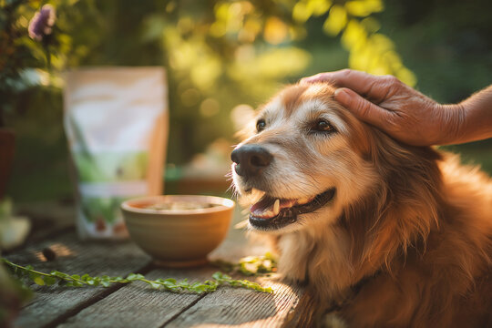 Golden retriever enjoys a pat on the head at a wooden garden table. Warm sunlight bathes the garden.