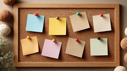 A bright, realistic still life shows a framed cork board with colorful notes attached by pushpins. Light, warm tones evoke a creative and organized mood