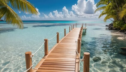 Serene wooden pier stretching into crystal clear turquoise waters under a picturesque sky, inviting a peaceful tropical escape