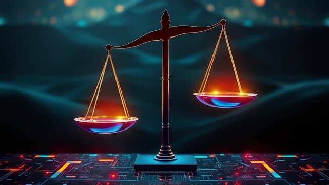 Bright digital scales symbolize balance and justice in a shining technological landscape. 4k video