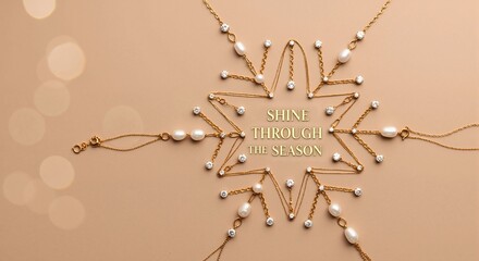 Gold jewelry with pearls and diamonds arranged in a snowflake shape for the holiday season. Festive flat lay for Christmas and New Year's promotions. Luxury gift concept