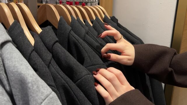 Hands of a person choosing different clothes from a wardrobe, highlighting diverse textures and patterns.