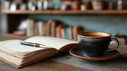 A cup of coffee sits on a saucer next to an open journal. A pen rests on the journal's pages. Warm, diffused light fills the scene, suggesting a quiet, contemplative morning