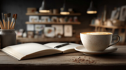 In a cozy artist's studio, a cup of coffee sits near an open sketchbook with a pen. Paintbrushes stand ready, bathed in soft, warm light, inviting creativity