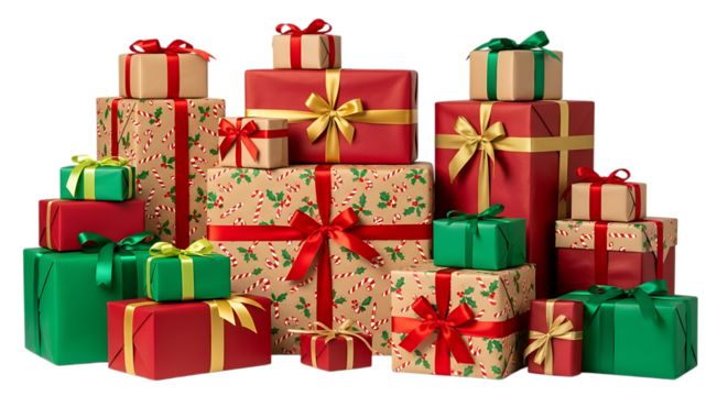 A festive arrangement of christmas presents wrapped in colorful paper background transparent