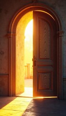 A warm, inviting sunlit doorway, suggesting a welcoming and hopeful atmosphere Perfect for themes of new beginnings, optimism, and positive energy , entrance, arrival