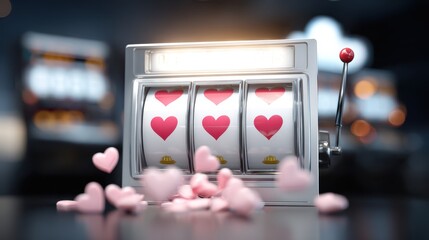 Flashy glowing slot machine with heart symbols, angled towards viewer, surrounded by scattered pink hearts, evoking excitement and luck in gaming atmosphere