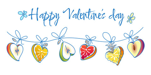 Happy Valentine's Day hand drawn banner with hanging fruit heart garland. Cute romantic greeting design with playful colorful illustration and handwritten lettering for festive holiday decoration.