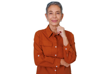 Confident senior woman smiling, looking at camera, thinking pose, wearing an orange shirt, transparent background