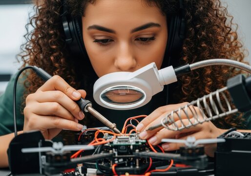 Woman soldering circuit board with magnifying glass, assembling a drone