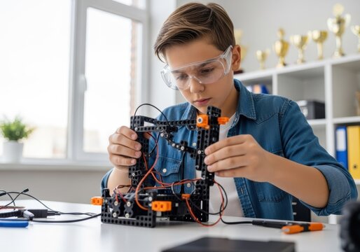 Young boy assembling a robotics project with safety glasses in a bright room