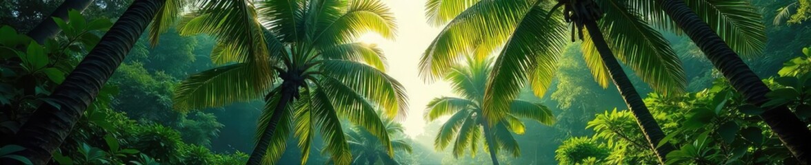 Obraz premium Dense palm trees form a lush green canopy, sunlight filtering through leaves to the forest floor Perfect for travel, vacation, tropical, nature themes , pattern, travel, flora