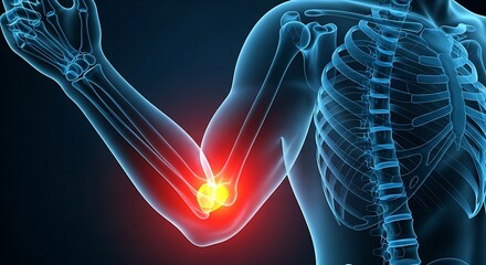 Human Elbow Joint Pain X-ray Anatomy. Medical illustration of painful elbow highlighting inflammation in the human skeletal arm and body.