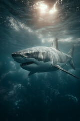Fototapeta premium Great white shark swims through the ocean. Sunlight pours through the water creating a dramatic underwater scene.