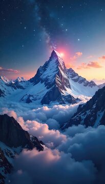 A majestic mountain range piercing the clouds, resembling a colossal universe in miniature Stars seem to swirl around its peaks, a breathtaking cosmic landscape , sublime, elevation