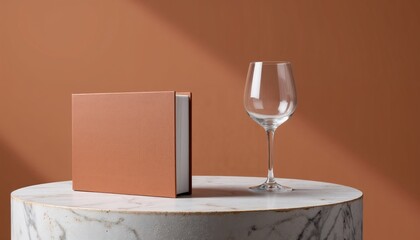 Stylish book and clear glass on marble table with orange background  