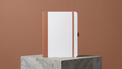 Modern notebook with elastic band displayed on marble pedestal  