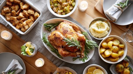 Roast chicken garnished with fresh herbs, surrounded by various side dishes including mashed potatoes, stuffing, and roasted vegetables on a rustic wooden dining table