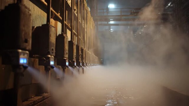 Medium shot capturing humidity sensors and automated misters actively regulating moisture levels to ensure stability in the casting environment.