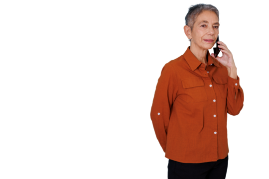 Senior businesswoman talking on smartphone representing communication, calling, technology, and connection with transparent background - Powered by Adobe
