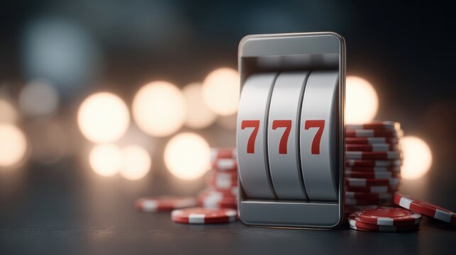 Slot machine with three reels displaying lucky number seven, surrounded by red and white poker chips, creating an exciting atmosphere of chance and gaming