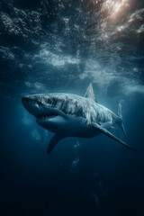 Fototapeta premium Great white shark swims through blue ocean water. Sunlight filters through the water from above.
